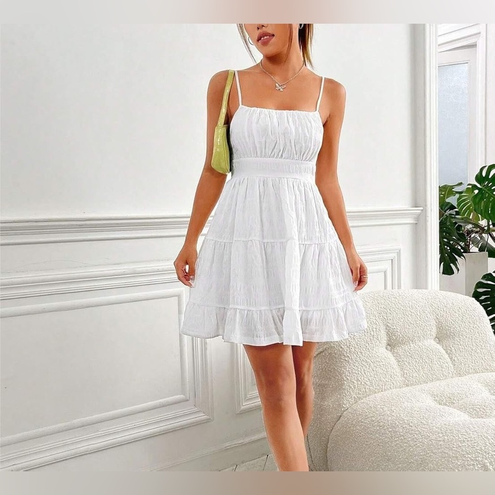 Ruched Bust Shirred Back Ruffle Hem Cami Dress